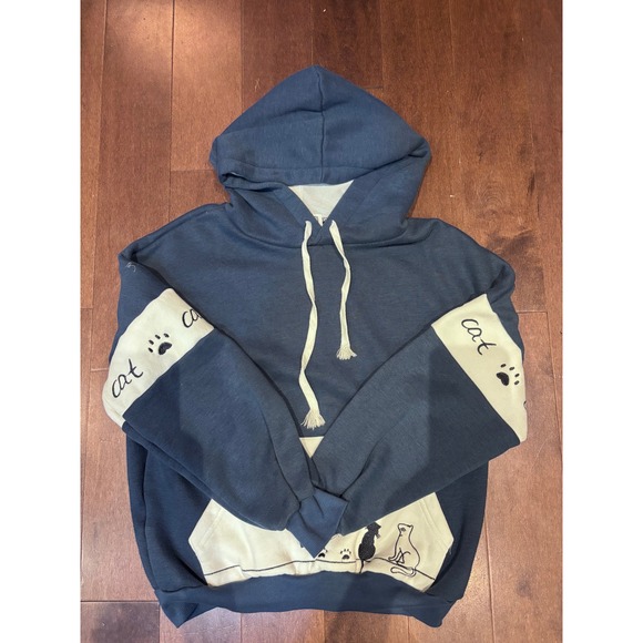 Unbranded Tops - Cat Graphic Colorblock Hoodie Slate Blue Cream Pullover Sweatshirt Paw Prints